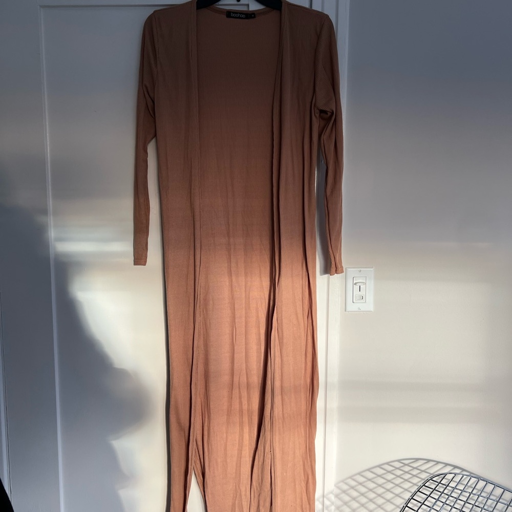 Boohoo Open-Front Ribbed Duster Cardigan, Camel Color, Size M